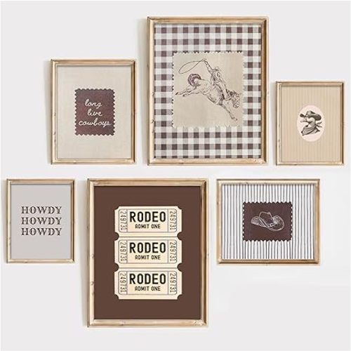 YFTTRYZ 6Pcs Vintage Western Cowboy Wall Art Striped Hat Poster Baby Boy Nursery Wall Decor Vintage Farmhouse Prints Picture for Men's Bedroom Bathroom Office Unframed