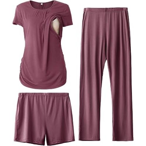 SUNNYBUY Womens Maternity Nursing Pajamas Set 3 Piece Breastfeeding PJS | Pregnancy Must Haves, Labor & Delivery Essentials, Going Home Outfit, Postpartum Lounge Set