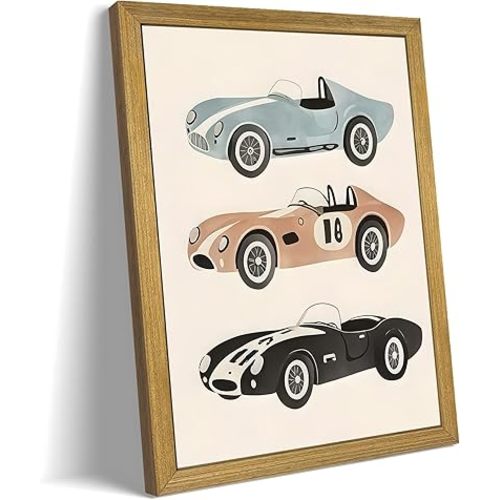 Wood Framed Vintage Race Car Wall Art, Retro Sports Car Canvas Print Poster Paintings, Kids Room Cute Artwork Decor for Boys Bedroom Nursery Playroom Living Room Wall Decor 12x16 Inch