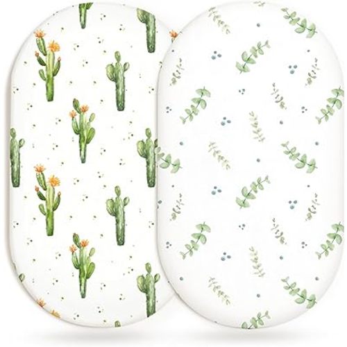 Bassinet Sheets for Baby Girls Boys 2 Pack, Fitted Baby Mattress Sheet for Rectangle, Oval, Hourglass Bassinet Mattress, Breathable Cozy & Universal Fit (Desert Green, Bassinet Sheet)