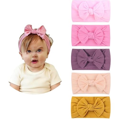 5 Pcs Pink Baby Headbands With Hair Bows Elastic Soft Nylon Hairbands Handmade Hair Accessories For Baby Girls Newborn Infant Toddlers Kids (5, Light Pink)