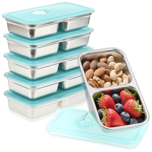 Stainless Steel Snack Containers, 6-Pack Reusable Grab and Go Containers with Lids, Dual Compartment Bento Box for Travel, Camping & Lunch Prep