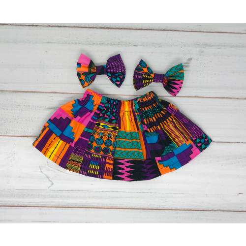 Girl's Ankara Skirt & Headband Set: Purple Kente African Print