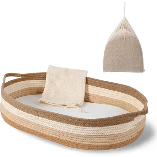 Baby Changing Basket - Moses Basket Changing Table Topper and Thick Foam Pad with Removable Cotton Mattress Cover, 100% Cotton Boho Nursery Decor with Storage Bag