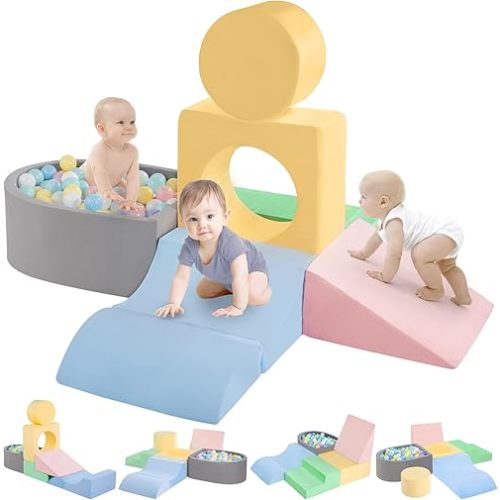 Climbing Toys for 1 Year Old, Foam Baby Climbing Blocks with Ball Pit for Toddlers, 6-Piece Soft Play Set, Indoor Climb Crawl Activity Play, Birthday (Balls not Included)