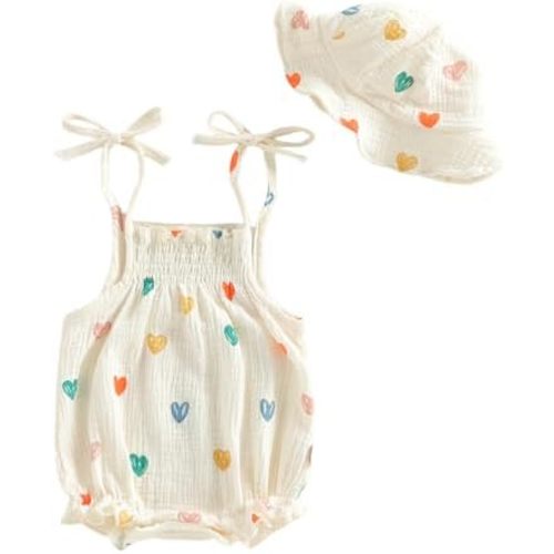 Baby Girl Floral Romper 2 Piece Sleeveless Jumpsuit with Sun Hat
