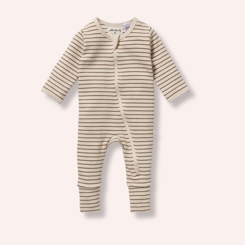 Organic Waffle Zipsuit - Nutmeg Stripe