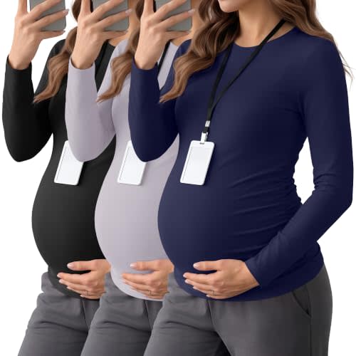 Neer 3 Pack Maternity Under Scrub T Shirt Long Sleeve Undershirt | Long Sleeve Pregnancy Tops, Side Ruched Fitted Undershirts, Soft Stretchy Base Layers, Breathable Workout Clothes for Daily