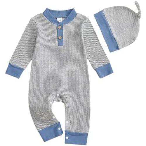 fhutpw Newborn Baby Boy Clothes Ribbed Knit Bodysuit 3 6 Months Infant Fall Long Sleeve Splicing Color Romper Jumpsuit & Hat