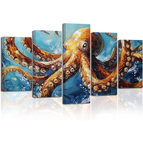 CHAOSETKEN 5 Pieces Octopus Canvas Wall Art Funny Octopus Pictures Prints Ocean Sea Life Paintings Abstract Animal Artwork for Bathroom Living Room Decor Framed (Orange,8"x14"x2 8"x18" x2 8"x22"x1)
