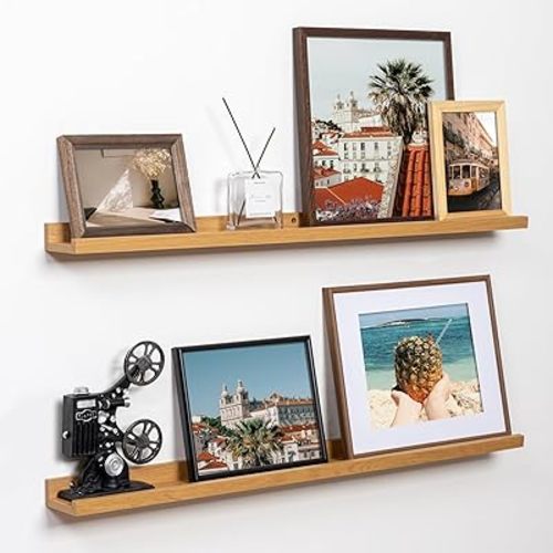 Fun Memories Picture Ledge Shelf, 36 Inch Floating Shelves Set of 2, Nursery Book Shelves for Toys Storage, Kids Bookshelf Wall Mounted for Wall Decor Books Photo Frames, Oak