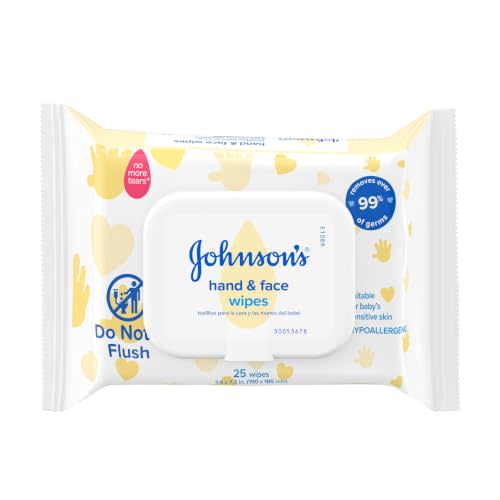 Johnson's Baby Disposable Hand & Face Cleansing Wipes, 25 ct | Pre-Moistened Wipes Gently Remove 99% of Germs & Dirt from Delicate Skin, No Added Parabens & Alcohol, Hypoallergenic