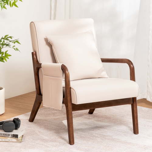 Hommpa Accent Chair with Armrest Mid Century Arm Chair Linen Fabric Armchair with Lumbar Pillow & Wood Frame for Living Room, Bedroom, Balcony, Beige