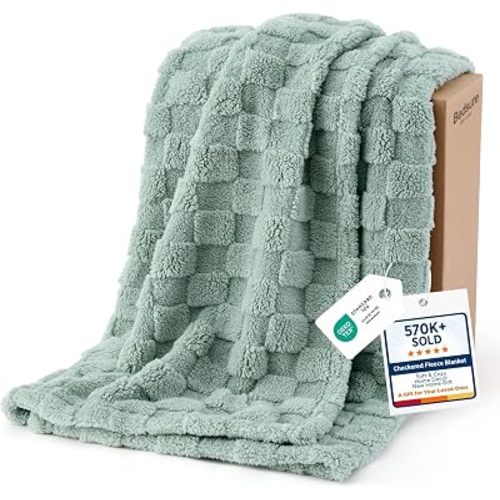 Bedsure Checkered Fleece Throw Blanket,Cute Home Decor,Sage Green,50"×60"