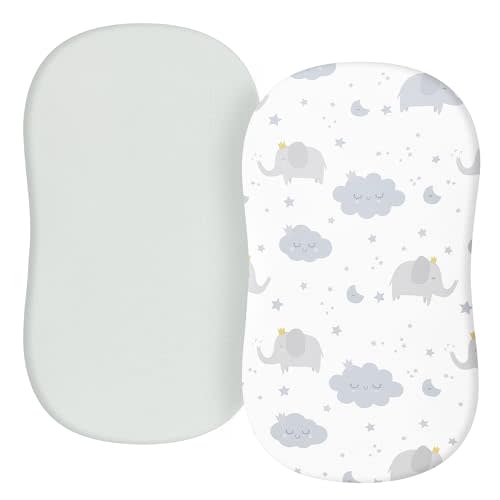 TILLYOU Baby Bassinet Sheets for Girls Boys, Fit for Hourglass Oval Rectangle Bassinet Mattress Sheets, 33”X16”, 2 Pack Elephant & Cloud Gray