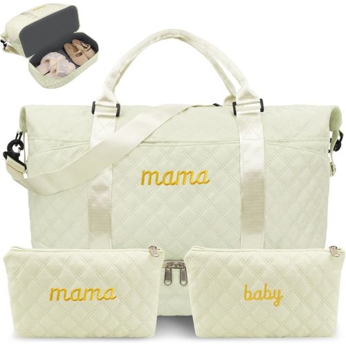 Mama Baby Pregnancy Hospital Bag Essentials for Women Labor Delivery Diaper Organizer with Shoe Compartment,2 Waterproof Toiletry Pouch Travel Duffle Bag for Mommy Weekender Overnight Gym Gifts,Beige