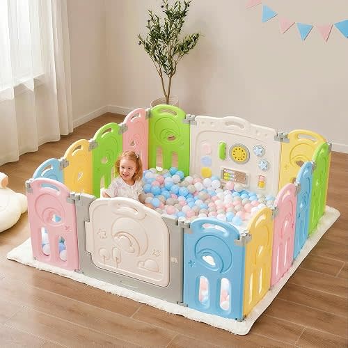 Fortella Cloud Castle Large 14-Panel Baby Playpen for Toddlers, Multicolor