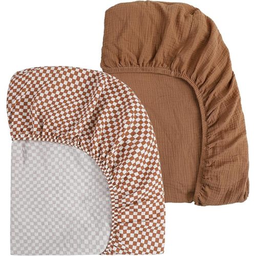 Onacosht Muslin Mini Crib Sheets, 39" x 27" Pack and Play Mattress Sheets Fitted for Pack N Play, Soft Cotton for Boys Girls, 2 Pack, Checker and Brown