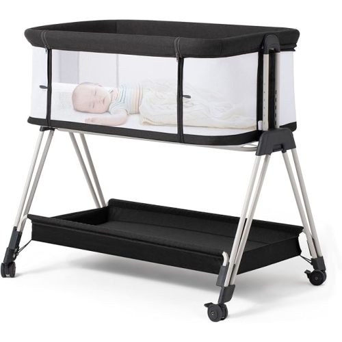Fodoss Baby Bassinet Bedside Sleeper with Wheels and Storage Tray,4-Sided Mesh Bedside Bassinet for Infant/Newborn,7 Height Adjustable Easy Folding Bedside Crib