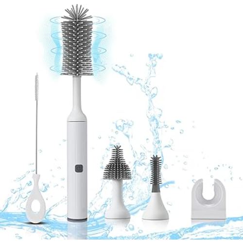 Electric Baby Bottle Brush Set with Rechargeable Electric Bottle Brush Cleaner and Replaceable Silicone Bottle Brushes and Straw Brush Cleaner, Waterproof Multi-Purpose Cleaning Brush (White)