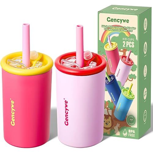 Kids Stainless Steel Cups with Straws and lids | 12 oz Spill-Proof Sippy Smoothie Tumbler Set, Small Kids Snack & Drink Water Cups, BPA-Free, Dishwasher Safe, with Box