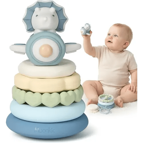 Moonkie Dinosaur Baby Stacking Toys | 7-Piece Silicone Rings for Teething Relief | Educational Toy for Infants & Toddlers 6 Months+ | Baby Shower or Birthday Gift for Boys