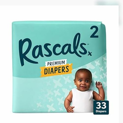 Rascals Premium Disposable Baby Diapers Size 2 (33 Count), Absorbent Core, Up to 12 Hours Leak Protection, Gentle on Skin, Secure Fit, Soft Comfort
