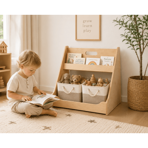 Montessori Toy & Book Storage Shelf with Fabric Baskets for Kids Rooms