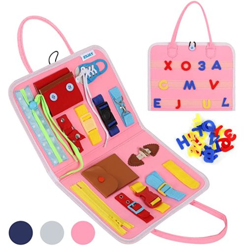Esjay Busy Board for Toddlers, Montessori Toys to Learn Fine Motor Skill, Sensory Board, Toys Gifts Girls Boys 3+ Year Old, Toddler Learning Activities for Travel Airplane,Pink Alphabet