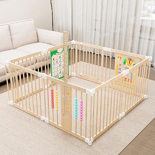 Foldable Wooden Playpen, Baby Wood Play Pen with Sound Book & Height Chart, Toddler Play Area with Educational Panel (Weather, Months, Numbers) for Babies and Toddlers(8-Panel)