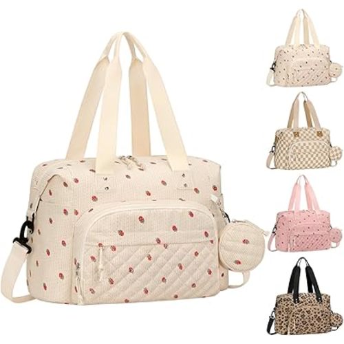 Corduroy Diaper Bag Tote, Baby Bag Travel Diaper Tote Bag with Pacifier Case, Large Baby Diaper Bags for Women, Ctue Diaper Bags For Baby Girl Boy Mom Maternity Hospital Bag, Beige Strawberry