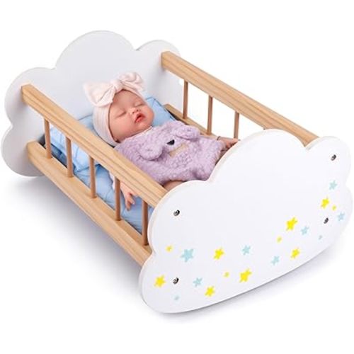 BABESIDE Cuna de muñeca de bebé – Cama mecedora de madera para muñeca con colchón, almohada y calcomanías de estrella de bricolaje, accesorios de muñeca Reborn para muñecas de 12 a 16 pulgadas, para