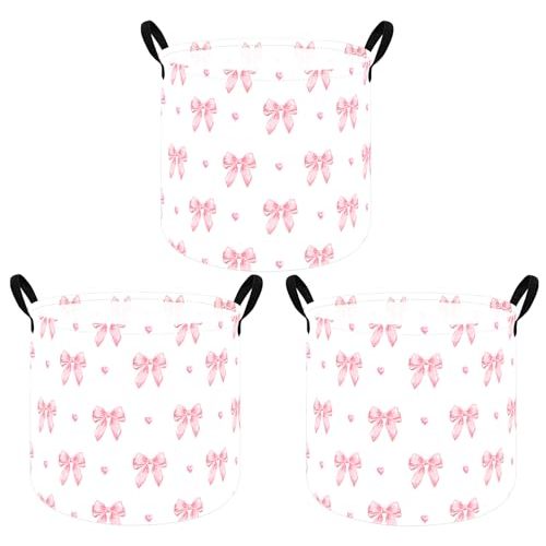 MAIZMZ 3 Pack Pink Storage Baskets for Girls Room, Round Laundry Basket with Handles,Toy Organizer Bin with Water-Resistant Lining, Foldable Nursery Basket for Clothes, Toys, Gifts, Bedroom