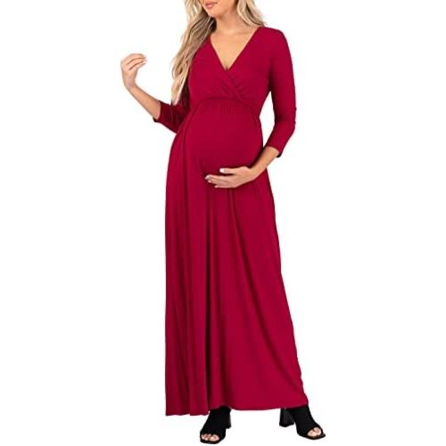Mother Bee Maternity V-Neck 3/4 Sleeve Ruched Waist Dress