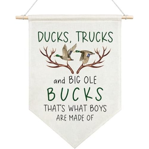 AGMDESIGN Ducks Trucks Big Ole Bucks That's What Little Boys Are Made Of Canvas Hanging Pennant Flag Banner, Deer Neutral Room Decor, Boys Hunting Gifts, Home School Classroom Kids Room Nursery Decor