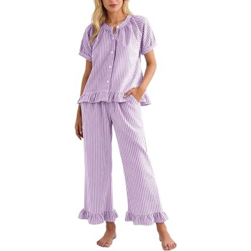 Flygo Womens Striped Pajama Sets 2 Piece Cotton Pjs Lounge Set Ruffle Button Down Tops Long Pants Soft Sleepwear with Pockets