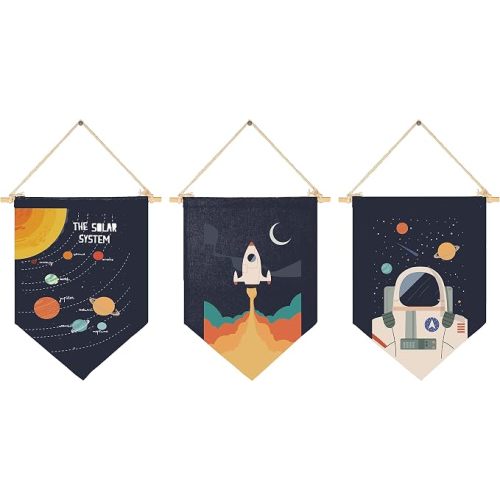 Space Art Decor-Flag Decoration Gift for Baby Boys Girls Newborn Kids-Banner Pennant Wall Sign Gift for Nursery Baby Room Playroom Bedroom -Solar System Banner Pennant Decor-Set of 3