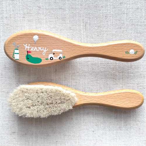 Golf Baby Hairbrush: Personalized Hand-Painted Beechwood Baby Hair Brush, Bespoke Keepsake