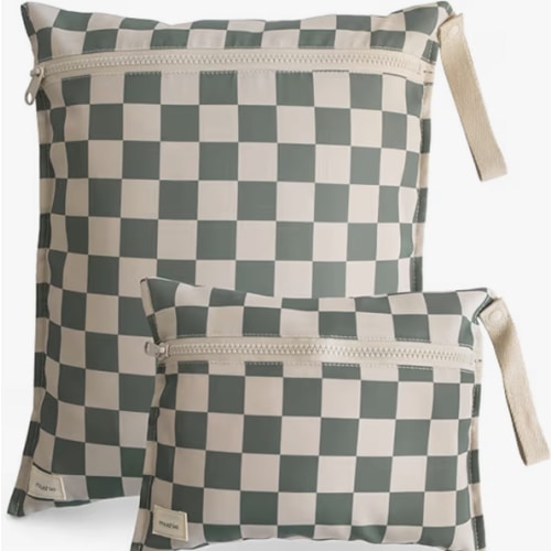 mushie Water Resistant Wet Bags | Large & Small Reusable Storage Bag for Baby Items and Travel | Zippered Pockets with Handle | Machine Washable, Set of 2 (Olive Check)