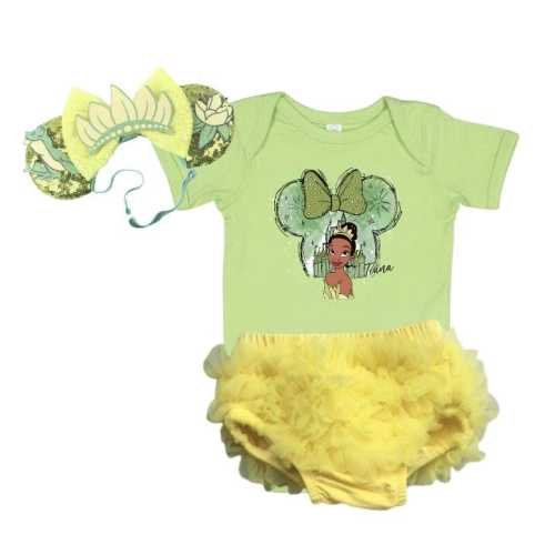 Tiana Princess Baby Outfit | Cake Smash Set with Ruffle Bloomer & Mickey Ears