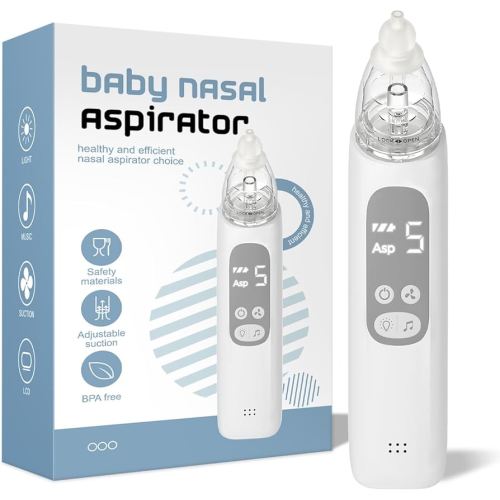 Baby Nasal Aspirator, Electric Nose Sucker with 5 Levels Suction, Soothing Light & Nursery Rhymes (White)