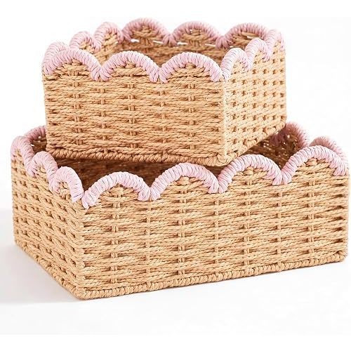 Yiyiring 2 Pack Pink Scalloped Wicker Baskets Hand-woven Storage Scalloped Basket Bins Paper Rope for Organizing and Decor for Nursery Living Room Bedroom Laundry