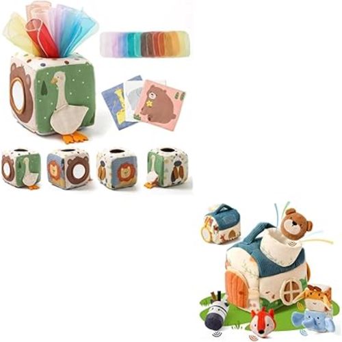 Youuys Baby Toys 6-12 Months Toys （ Montessori Toys Baby Tissue Box Sensory Toys & Jungle Soft Stuffed Animal Set with Rattle） - Toddlers Sensory Montessori Toy for 6 12 18 Months