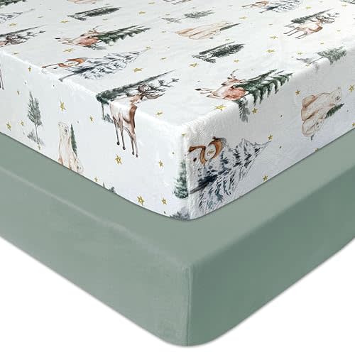 AMROSE 2 Pack Flannel Fleece Crib Sheets, Winter Woodland