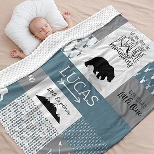 Personalized Baby Blanket for Boys Super Soft Double Layer with Dotted Backing, Lovely Woodland Animal Design Blanket for Toddler Newborn, Polyester, Bell Blue, 35 x 45 Inch