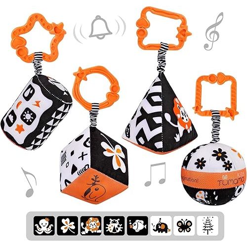 TUMAMA High Contrast Shapes Sets Baby Toys, Black and White Stroller Toy for Car Seat Baby Plush Rattles Rings Hanging Toy for 0 3 6 9 to 12 Months, Newborn,Toddlers,Infants (4 Packs)