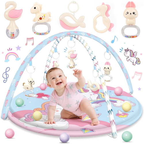 UUSUOO Baby Gym Play Mat,Tummy Time Mat With 5 Infant Learning Sensory Toys & 20 Balls,Washable Baby Activity Mat,Baby Toys Birthday Gifts for Newborns 0-3-6-9-12 Months