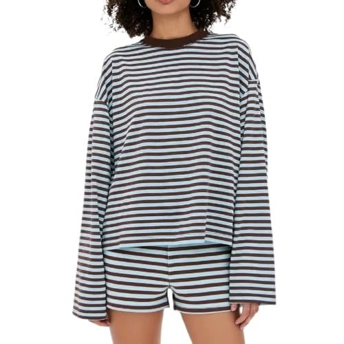 Women Y2K Striped Lounge Set Long Sleeve Oversized Sweatshirt Shorts Color Block 2 Piece Pajama Outfit Sweater Set