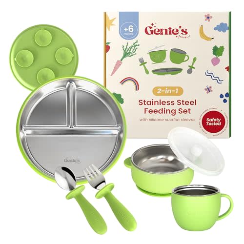 Genie's Republic Stainless Steel Baby Plates & Bowls Set with Suction | Toddler Plates with Suction | Non-Toxic | BPA-Free | 100% Food-Grade | Dishwasher Safe