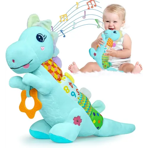 Baby Dino Musical Stuffed Animal Toys for 0-3-6-9-12 Months，Infant Dinosaur Tummy Time Toys with Crinkle Sound Paper,Teether，Textures & Rattles for Newborn Boys Girls Birthday Gifts，Blue